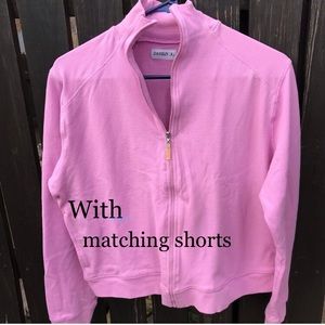 Danskin pink sweatshirt and matching shorts.